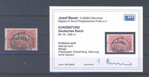 Dt. Reich Michel Nummer 248 a I, 200 Mark gestempelt, Befund BPP