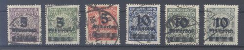 Dt. Reich Michel Nummer 332-37 A, Freimarken 1923 gestempelt, gp. Infla