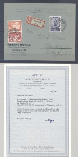 Dt. Reich, R - Brief mit 20 Pfg. Nothilfe 1933 MiF aus Wandsbek, FA BPP