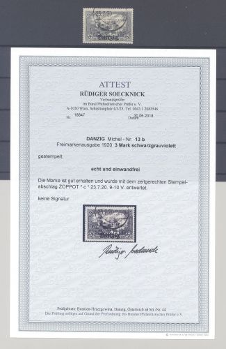 Danzig Michel Nummer 13b, 3 Mark Freimarke 1920 gestempelt, FA BPP