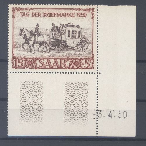 Saarland Michel Nummer 291, IBASA 1950 ** Eckrandwert Druckdatum