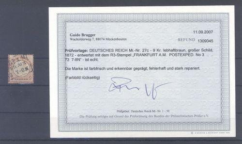 Dt. Reich Michel Nr. 27c, 9 Kreuzer Brustschild gestempelt, Befund BPP