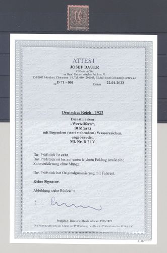 Dt. Reich Dienst Michel Nr. D 71 Y , 10 Mark 1922 ungebraucht * FA BPP