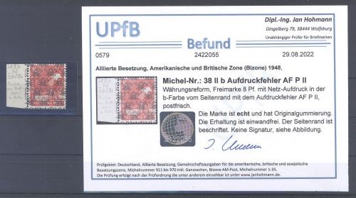 Bizone Mi.Nr. 38 II b, 8 Pfg. Freimarke 1948 **, Befund Hohmann