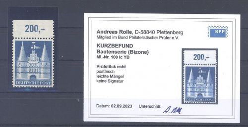 Bizone Michel Nr. 100 Ic YB, 5 M. Bauten weite Zähnung **, Befund BPP