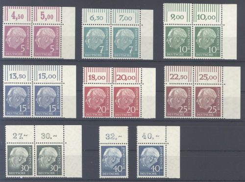 Bund Mi.Nr. 179-259y, Heuss Lumogen ** meist Paare vom Oberrand