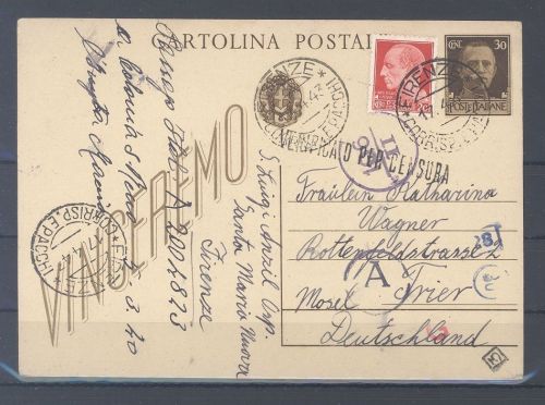 Dt. Feldpost 2. WK, Zensur Karte 1943 Italien aus Firenze nach Trier