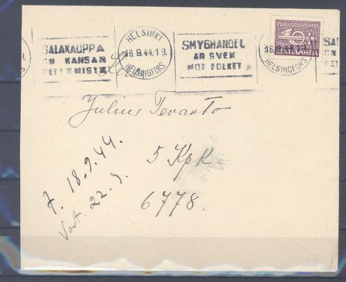 Dt. Feldpost 2. WK, Brief 1944 aus Helsinki mit finnischer Frankatur