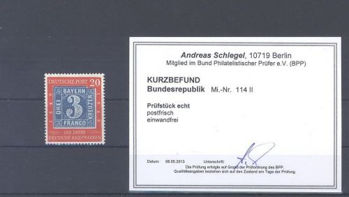 Bund Michel Nr. 114 II, 20 Pfg. 1949 mit Plattenfehler II **, Befund BPP