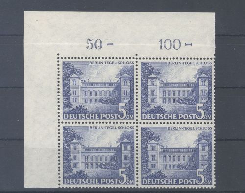 Berlin Michel Nummer 60, 5 DM Bauten 1949 ** Viererblock Eckrand