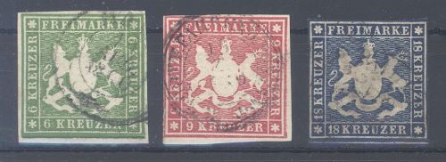 Württemberg Michel Nummer 13-15 aus Freimarken 1857 gestempelt