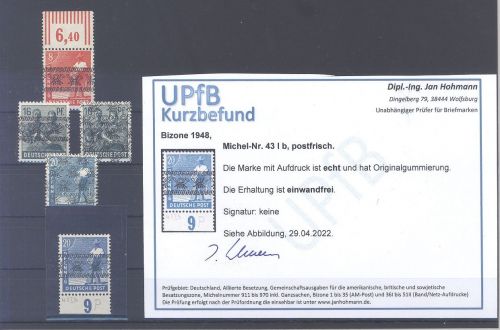 Bizone, ** Posten Farben aus Michel Nr. 36-51, signiert - Befund ArGe