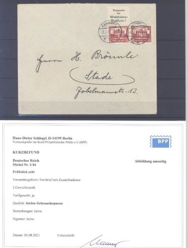 Dt. Reich, Brief mit Zusammendruck Mi.Nr. S 84, Nothilfe, Befund BPP