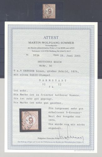 Dt. Reich Michel Nummer 30, 9 Kreuzer 1874 alter Taxisstempel, FA BPP