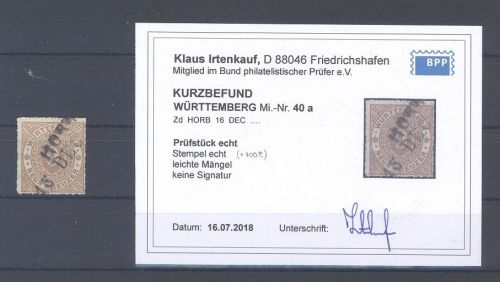 Württemberg Michel Nummer 40 mit gutem Stempel Horb, Befund BPP