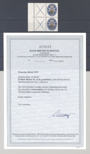 Dt. Reich Heftchenblatt Michel Nummer 43 B, Nothilfe 1925 **, FA BPP