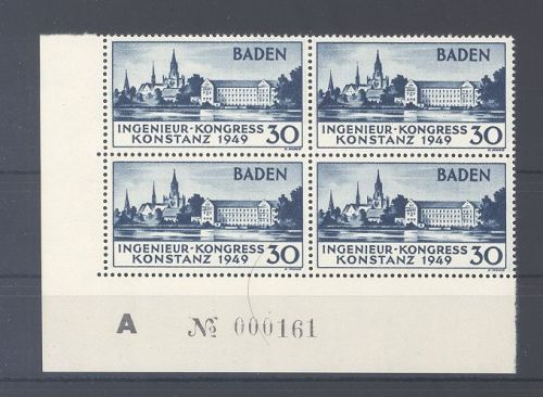 Franz. Zone Baden Michel Nummer 46 Viererblock ** mit Bogennummer