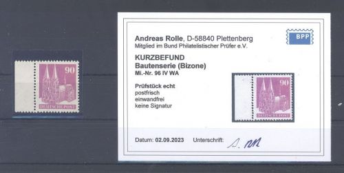 Bizone Michel Nr. 96 IV WA, 90 Pfg. enge Zähnung **, Befund BPP