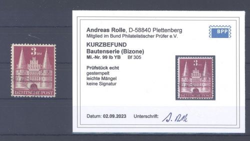 Bizone Michel Nr. 99 Ib YB Bf 305, 3 Mark gestempelt, Befund BPP
