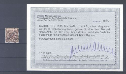Dt. Kolonien Karolinen Michel Nr. 1 I, 3 Pfg. gestempelt, Befund BPP