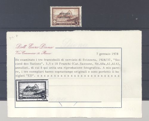 Schweiz Völkerbund Michel Nr. 56, 3 Fr. 1932 gestempelt, Befund Diena