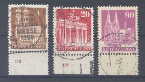 Bizone, 3 x Bauten enge Zähnung mit Zählnummer gestempelt