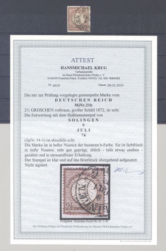 Dt. Reich Mi.Nr. 21b, 2 1-2 Gr. Brustschild Hufeisenstempel, FA BPP