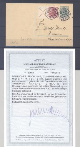 Dt. Reich, GA Zusammendruck ZuF Mi. W 4 b, 10 Pfg. Germania, FA BPP