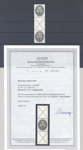 Dt. Reich Zusammendruck S 57, Nothilfe 1928 ungebraucht *, FA BPP