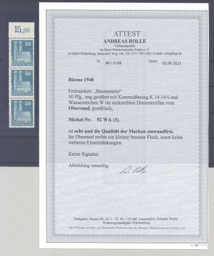 Bizone Michel Nr. 92eg, 90 Pfg. Bauten ** Dreierstreifen, Befund BPP