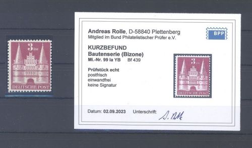 Bizone Michel Nummer 99 Ia YB, 3 DM weite Zähnung **, Befund BPP