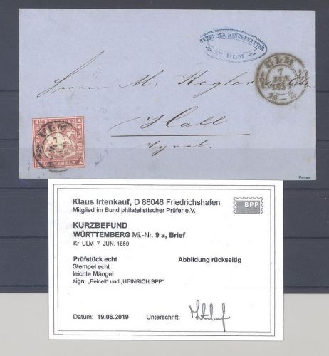Württemberg, Brief Michel Nummer 9, 9 Kreuzer 1857 EF, Befund BPP
