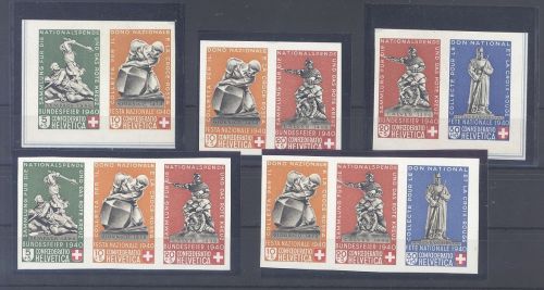 Schweiz, 5 ** Zusammendrucke aus Block 5, Pro Patria 1940