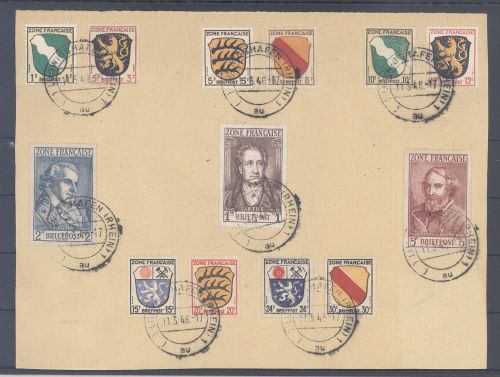 Franz. Zone Allg. Ausgabe Michel Nummer 1-13 auf großem Briefstück