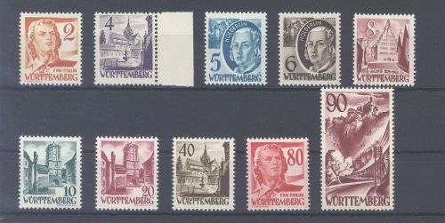 Franz. Zone Württemberg Michel Nummer 28-37, Freimarken III **