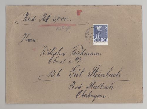 All. Besetzung, Wertbrief 19.6.1948 mit 5 DM Friedenstaube EF aus Neustadt