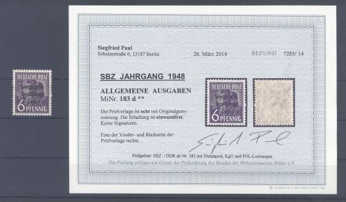 SBZ Michel Nummer 183d, 6 Pfg. Freimarke 1948 **, Befund BPP