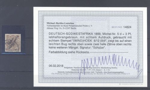 Dt. Kolonien DSWA Michel Nr. 5d 3 Pfg. 1898-99 gestempelt Befund BPP