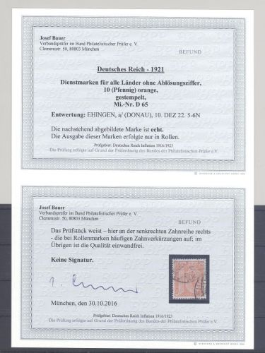 Dt. Reich Dienst Michel Nummer 65, 10 Pfg 1921-22 gestempelt, FA BPP