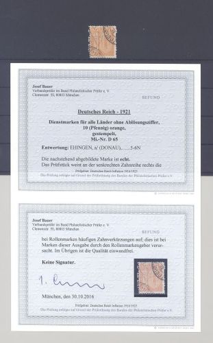 Dt. Reich Dienst Michel Nummer 65, 10 Pfg 1921-22 gestempelt, FA BPP