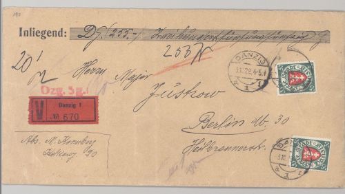 Danzig, Wertbrief mit 2 x 30 Pfg. Wappen als MeF aus Danzig