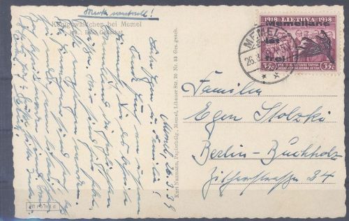 Memel, Ansichtskarte Königswäldchen mit 35 Cent Lokalausgabe EF