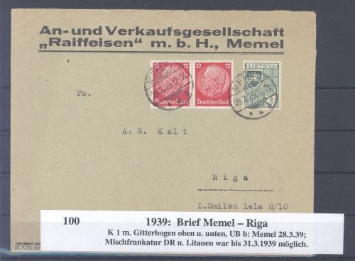 Memel, Firmenbrief 1939 mit Dt. Reich - Litauische MiF aus Memel