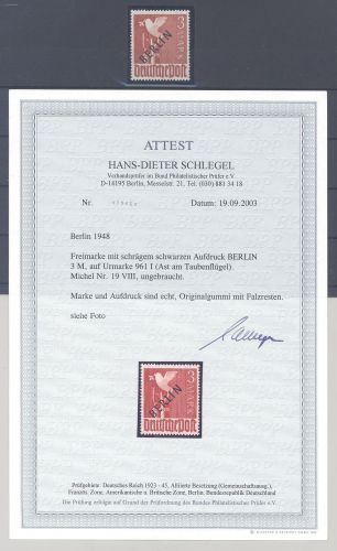 Berlin, Michel Nummer 19 VIII, 3 Mark 1948 ungebraucht * , FA BPP