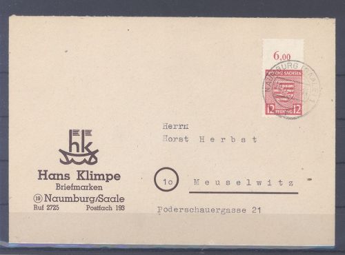 SBZ - Lokalpost Naumburg, Brief Mi.Nr. 71 X B, 12 Pfg. Postmeistertrennung