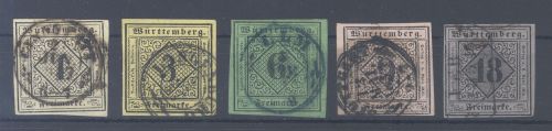 Württemberg Michel Nummer 1-5, Freimarken 1851 gestempelt