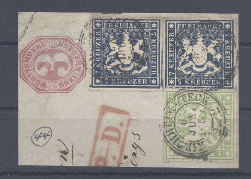 Württemberg, Briefstück mit 2 x Michel Nummer 35b, 7 Kreuzer 1868