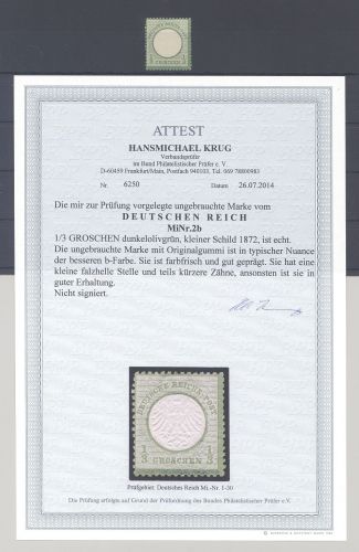 Dt. Reich Mi.Nr. 2b, 1-3 Groschen kl. Brustschild ungebraucht *, FA BPP