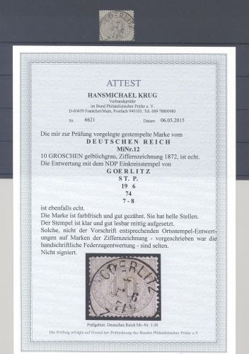 Dt. Reich Michel Nummer 12, 10 Gr. Innendienst Ortsstempel, FA BPP