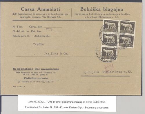 Dt. Bes. 2. WK Laibach, Dienstbrief mit 5 x Italien 299 aus Lubiana